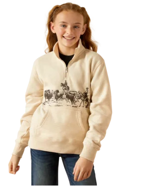 YOUTH ARIAT 1/4 ZIP PASTURE HOODIE Hoodie with Button Placket Classic Preppy