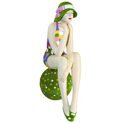 Bathing Beauty Figurine in Colorful Spring Check Swimsuit on Polka Dot Beach Ball Classic One-Piece