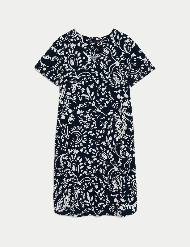 Linen Rich Printed V-Neck Midi Shift Dress Tunics stripes playful