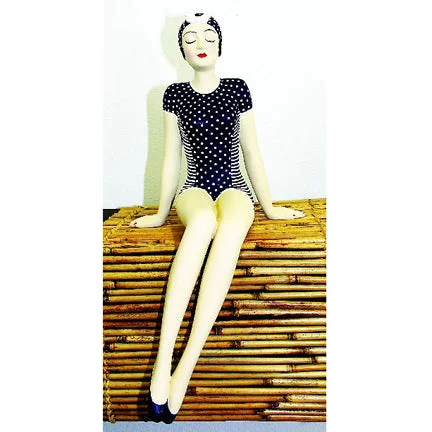Bathing Beauty Figurine Shelf Sitter - Navy & White Swimsuit & Head Scarf - Collectible Chic Beach Cover-Up