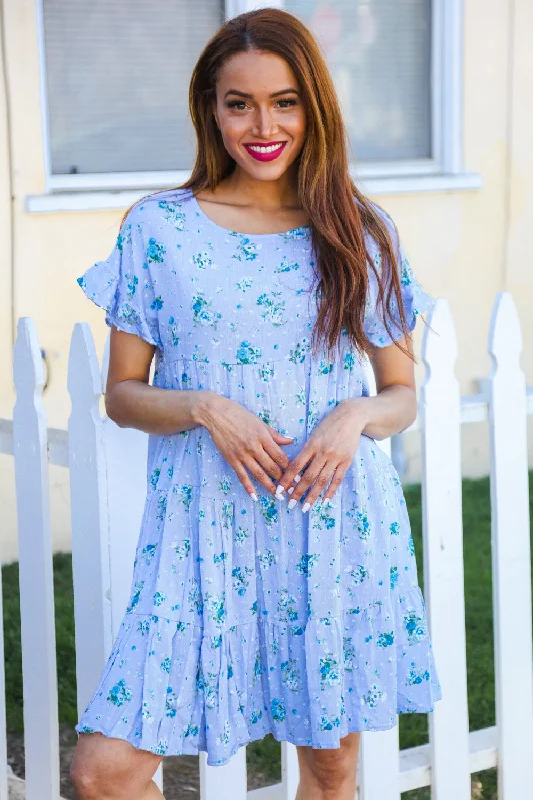 Blue Swiss Dot Floral Tiered Dress Tunics Formal black