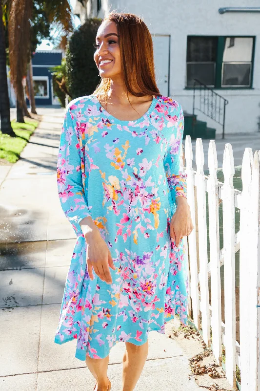 Aqua Floral Pocketed Dress Tunics Canvas sturdy