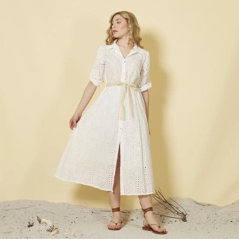 Wholesale embroidery hollow long dress with belt Tunics Luxurious high-end