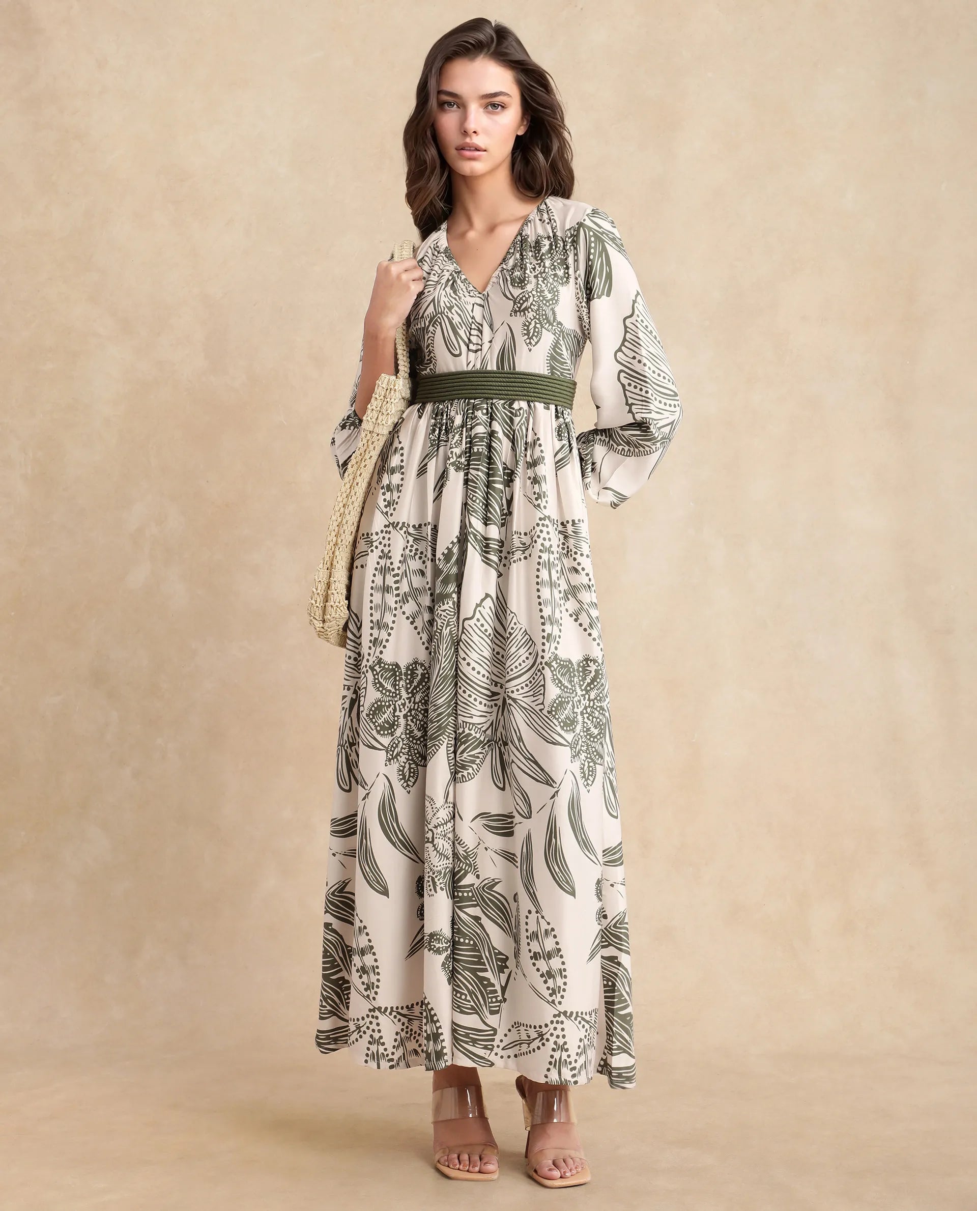 Rareism Women Ronap Beige Modal Fabric Bishop Sleeves V-Neck Fit And Flare Maxi Floral Print Dress Tunics Silk luxurious Rareism Women Ronap Beige Modal Fabric Bishop Sleeves V-Neck Fit And Flare Maxi Floral Print Dress Tunics Silk luxurious