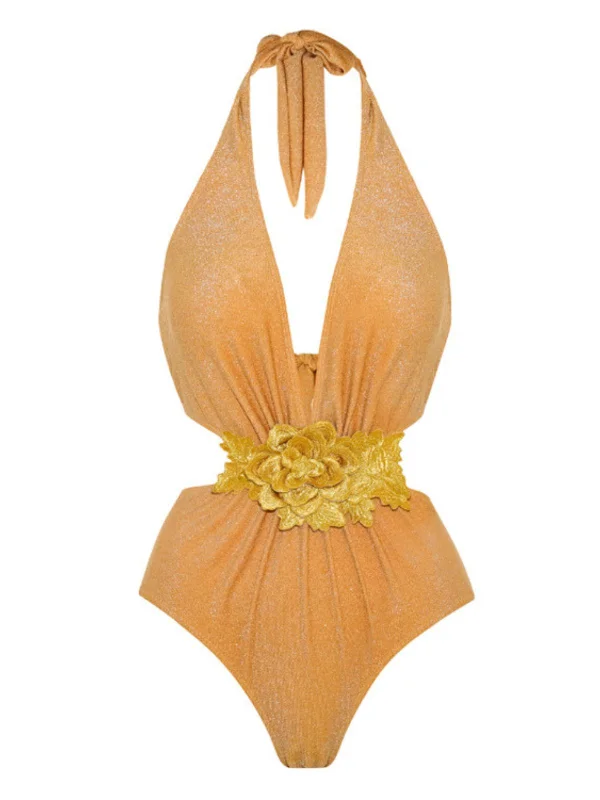 Yellow 1930s 3D Flower Halter Swimsuit Vibrant Bikini Design