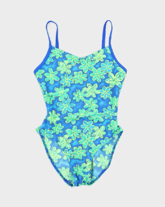 Vintage Blue Floral Swimsuit - S Ruched Swimwear Set