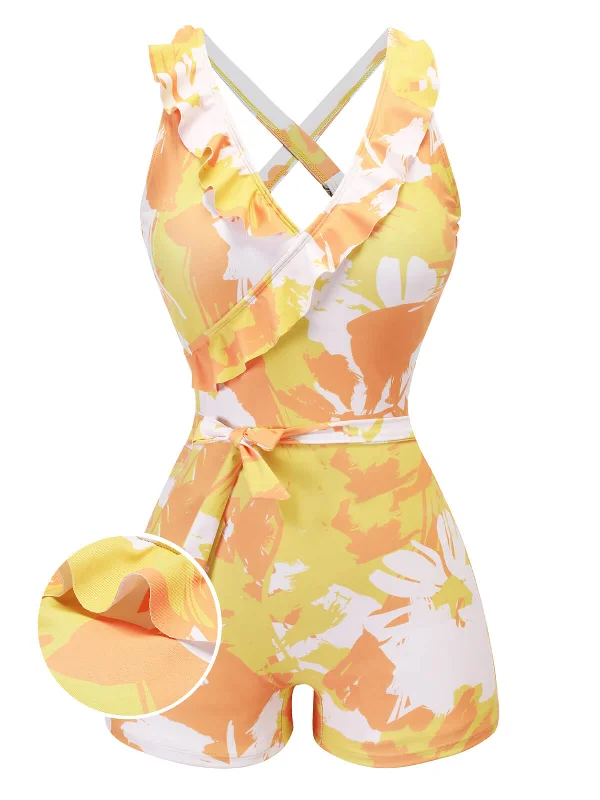 Yellow 1940s Painting Plants Lace-Up Swimsuit Mesh Panel Swimwear