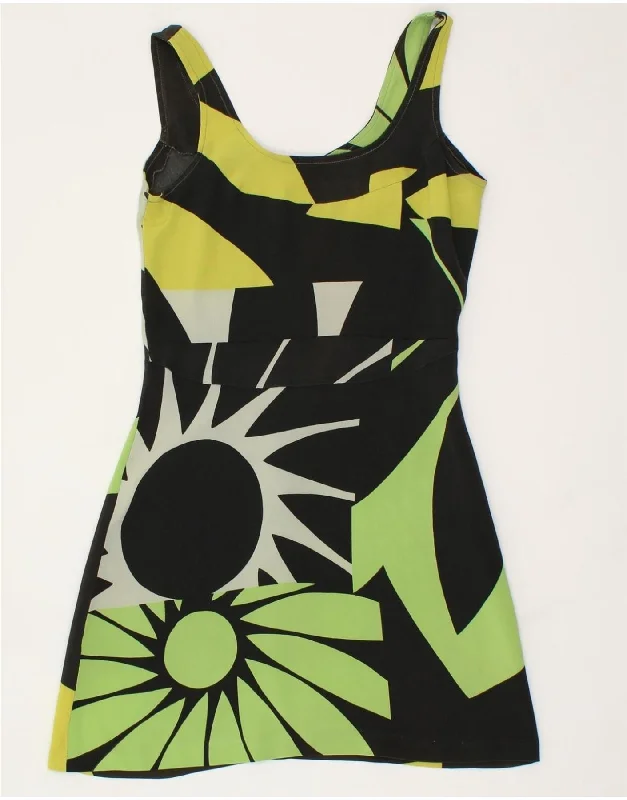 VINTAGE Womens Sleeveless A-Line Dress UK 8 Small Black Floral Tunics Essential wardrobe