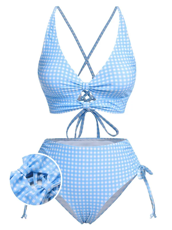 Blue 1950s Spaghetti Strap Plaids Swimsuit Sleek Mesh Bikini