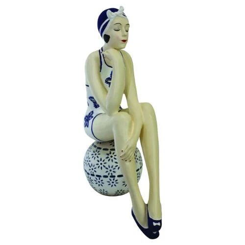 Bathing Beauty Figurine in Nautical Blue and White Swimsuit with Starfish Accent Sitting on Beach Ball Swim Dress with Belt