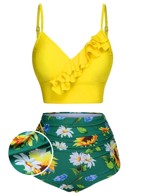 2PCS Yellow 1950s Sunflower Ruffles V-Neck Swimsuit Sporty Swimwear Bottoms