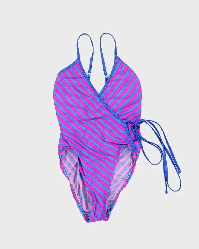 Vintage Purple and Blue Striped Wrap Swimsuit - XS Halter Top Bikini