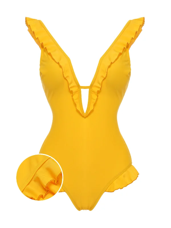 Yellow 1930s V-Neck One-piece Swimsuit Halter Neck Swimsuit