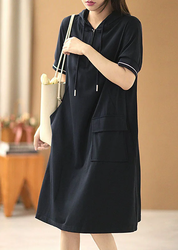 Simple Solid Navy Zippered Drawstring Hooded Pocket Cotton Sweatshirt Dress Short Sleeve Hoodie Crop Top Short Trendy