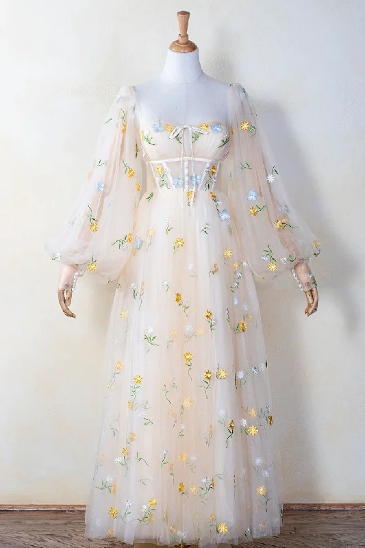 Puffy Long Sleeves Yellow Floral Cottage Dress Tunics Top rated