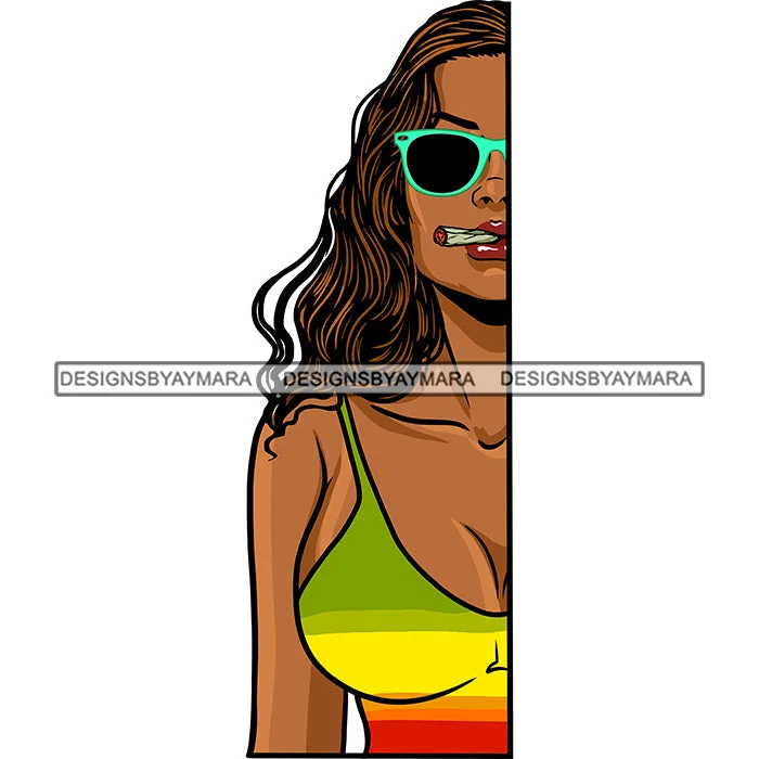 Sexy Woman Half Body Sunglasses Rasta Swimsuit Smoking Weed Long Wavy Hairstyle SVG JPG PNG Vector Clipart Cricut Silhouette Cut Cutting Floral Bikini Top