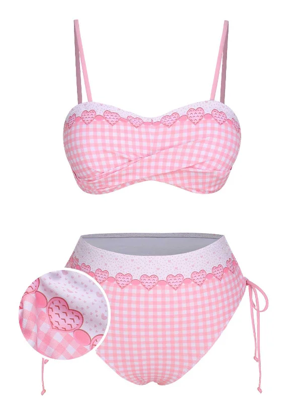 Pink 1950s Spaghetti Strap Heart Plaids Swimsuit Elegant Swim Dress