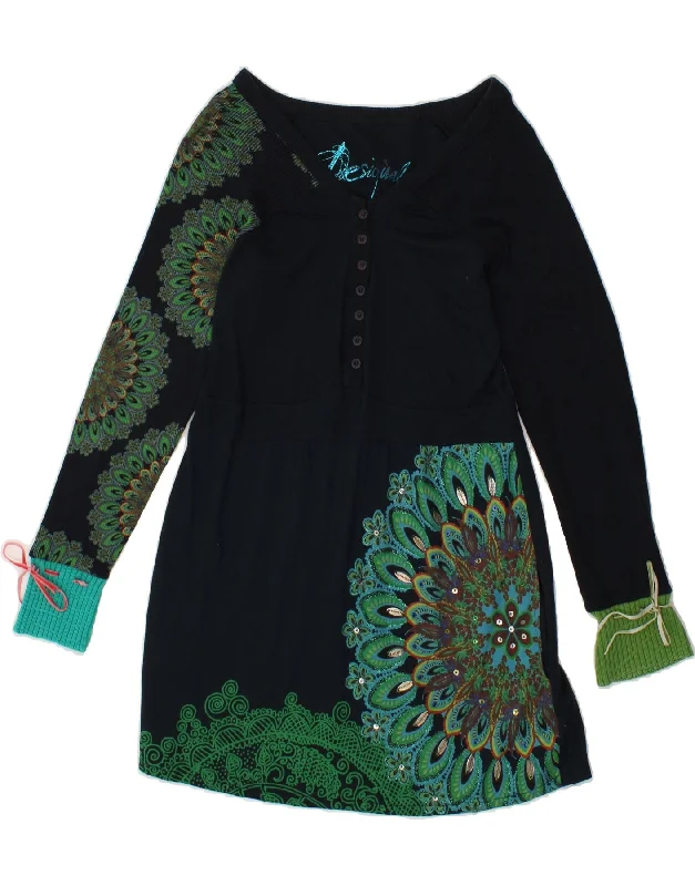 DESIGUAL Womens Long Sleeve Tunic Dress UK 18 XL Navy Blue Floral sweetheart Neckline Romantic