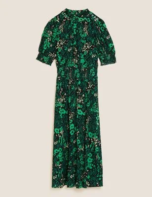 Floral High Neck Shirred Midi Waisted Dress Tunics Denim casual
