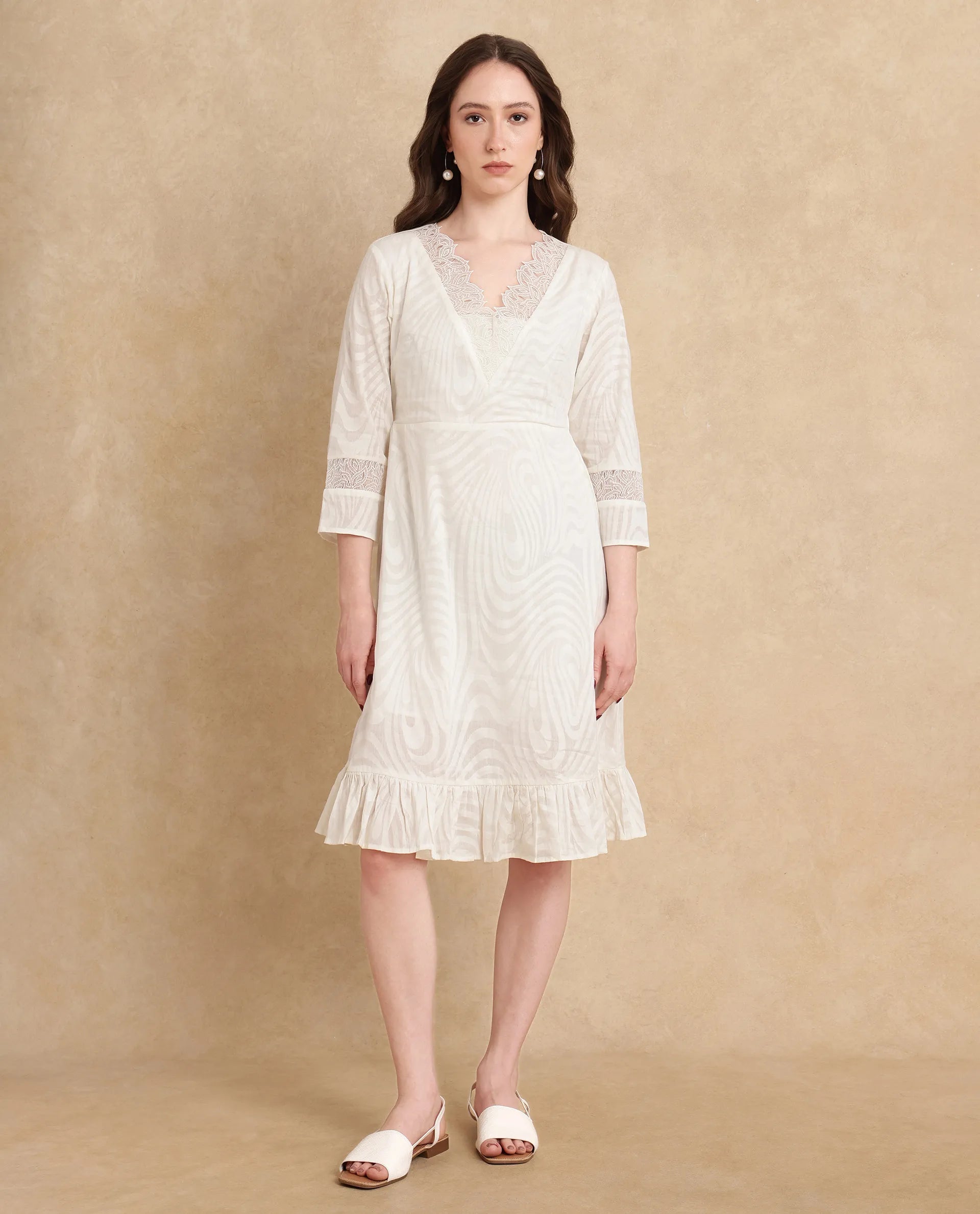 Rareism Women Jancuol Off White Cotton Fabric Bell Seeves Lapel Neck Fit And Flare Knee Length Plain Dress Tunics Practical durable