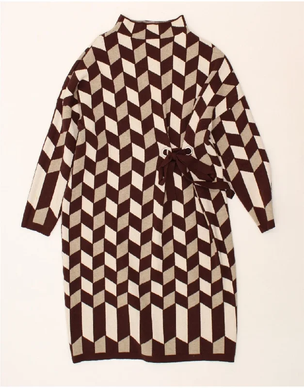 VINTAGE Womens Long Sleeve Jumper Dress UK 12 Medium Brown Geometric Tunics Occasion special