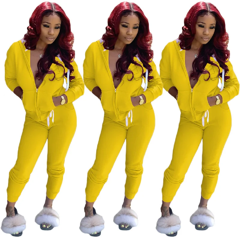 Pure Color Sweatshirt Suit Sports Two-Piece Suit Hoodie with Drawcord Adjustable Secure