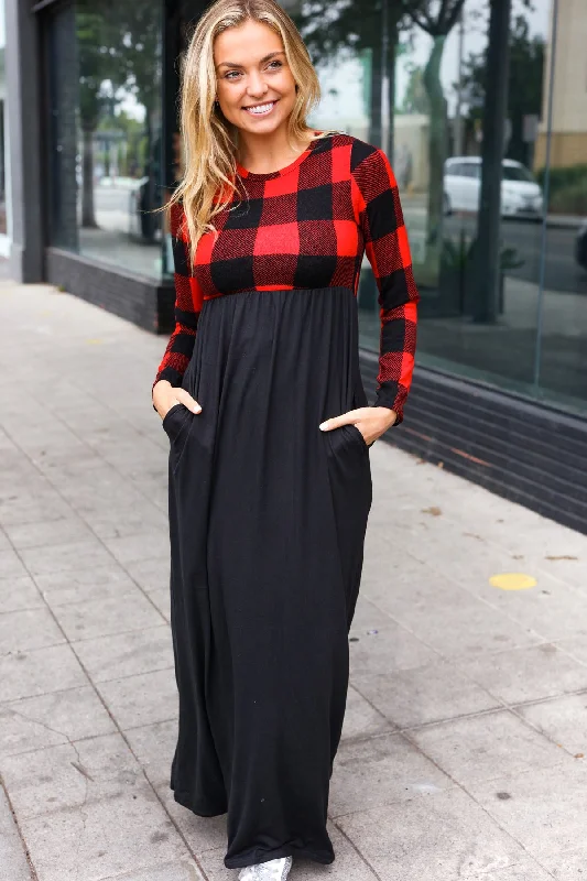Black & Red Plaid MaxiHoliday  Dress Tunics Summer linen