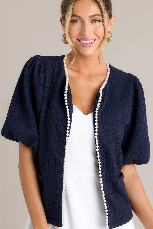 Universal Charm Navy Short Puff Sleeve Jacket Herringbone Jacket Checkered Jacket Solid Jacket