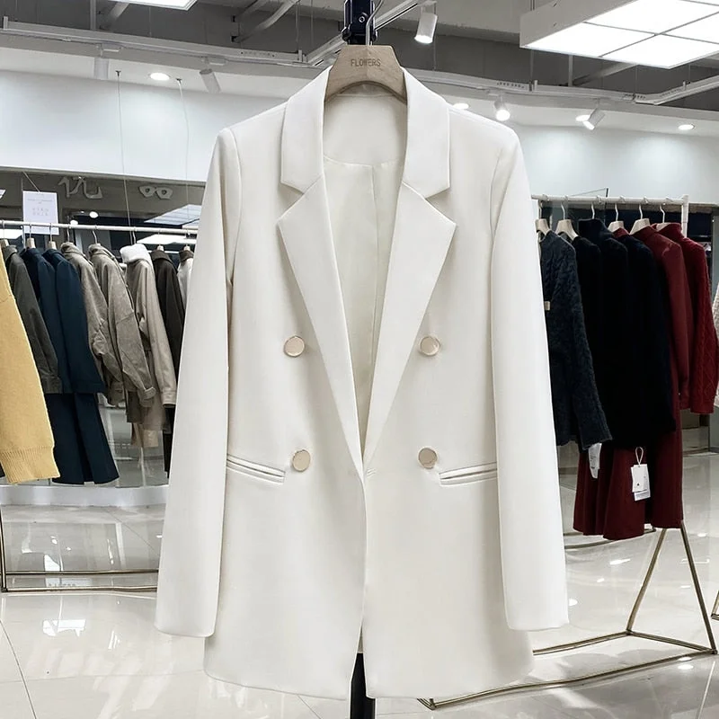 Spring Autumn Korean Style Slim Blazer Women Clothing Casual Double Breasted Office S-XL Black Beige Woman Jacket Faux Fur Jacket Real Fur Jacket Shearling Jacket