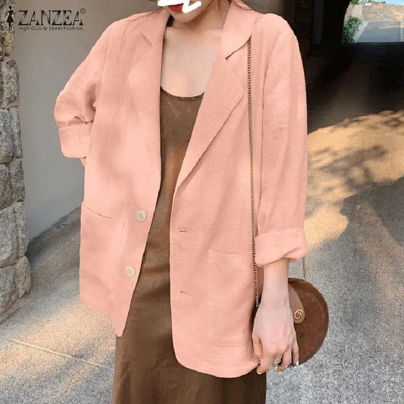 2022 Cotton Linen Coat Womens Autumn Blazer ZANZEA Solid Long Sleeve Cardigans OL Casual Loose Elegant Outwear Plaid Cardigan Polka Dot Checkered