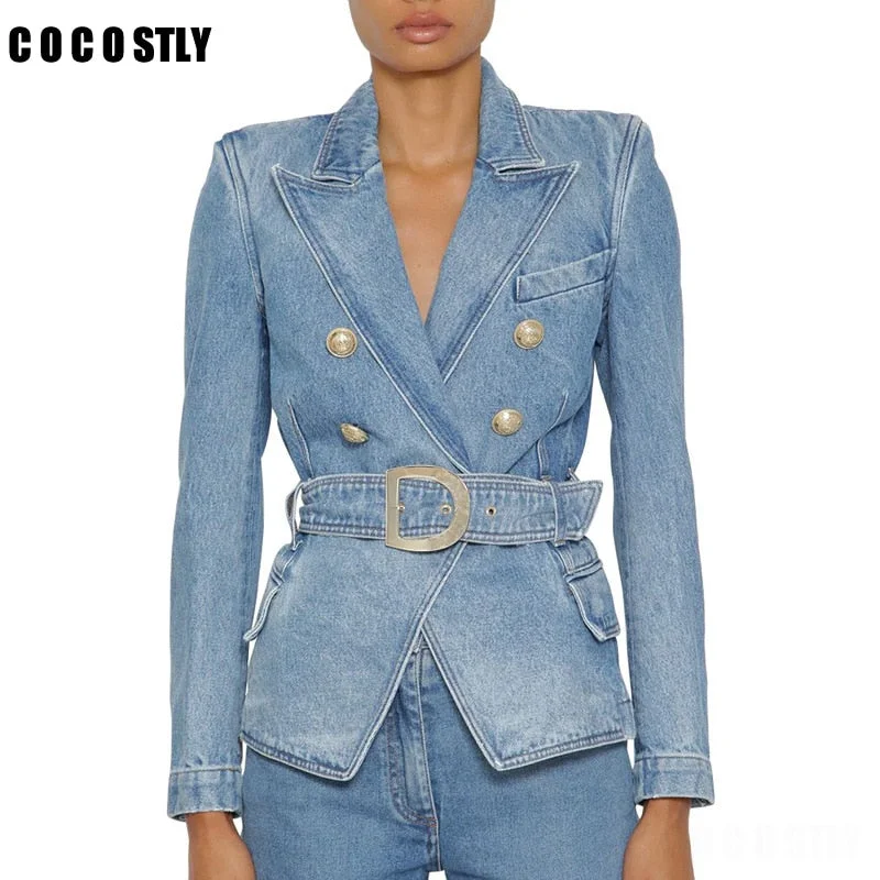 Autumn Classic Denim Suit For Women Double Breasted Jean Blazer Jacket Tops Women Casual Long Sleeve With Belt Denim Coat Cardigan Sweater Pullover
