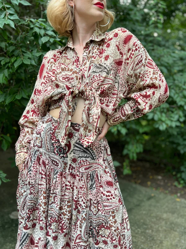 70s Brown White Paisley Indian Print Cotton Top and Skirt Set, Chandni patchwork skirt art