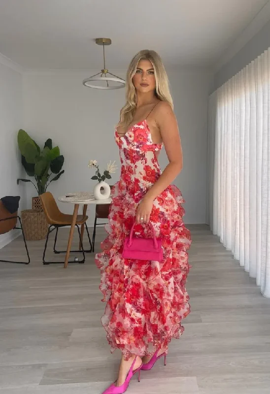 Sexy Red Floral Printed Backless Ruffle Long Party Dress Prom Evening Dress cc1612 Tunics Prom sequined
