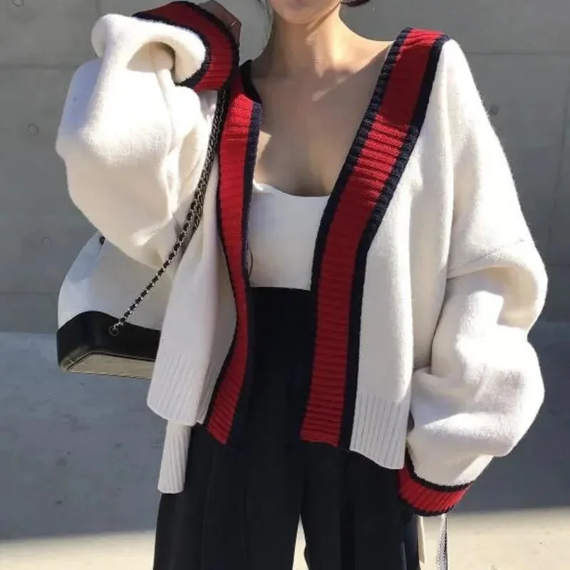 Open Stitch Oversized Cardigan Sweater For Women Patchwork Embroidered Appliqued