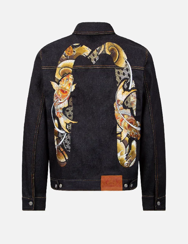 Tattoo Koi Daicock Embroidery Denim Jacket Denim Fabric Leather Fabric Suede Fabric