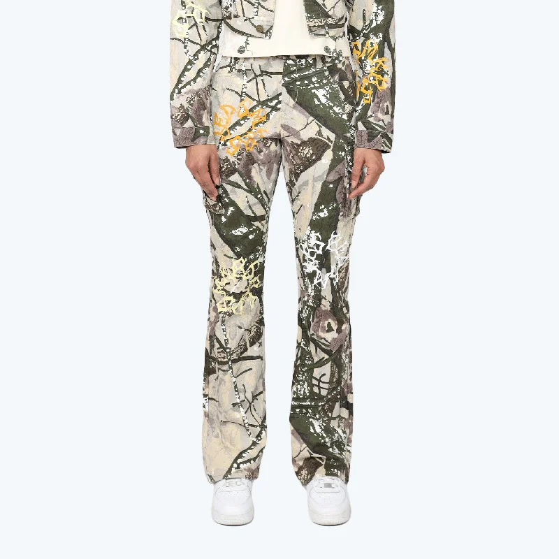 High Rise Stacked Dystopia Printed Cargo Twill Pants Chic Faux Leather Pants