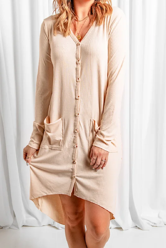 Apricot V-Neck Button-Up Cardigan with Pockets Zippered Front Buttoned Front Snap Front