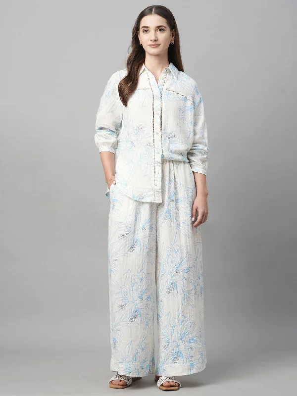 Women's Blue Cotton Regular Fit Pant Trendy High-Waist Trousers