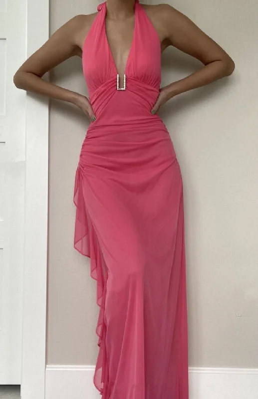 Sexy Halter Deep V Neck Chiffon Ruffles Prom Dress Pink Long Party Dress cc2102 Tunics Office stylish
