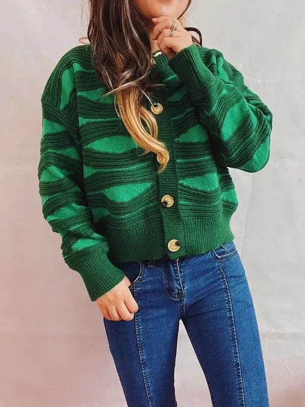 Striped Contrast Crewneck Short Cardigan Fleece Fabric Down Fabric Feather Fabric