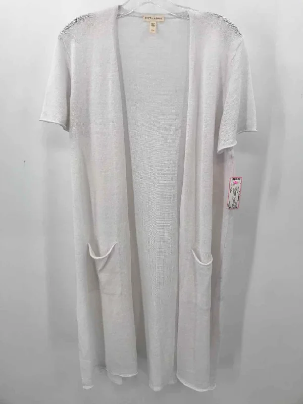 Pre-Owned Eileen Fisher White Size Medium Long Cardigan Sweater Handmade Hand-knitted Hand-woven