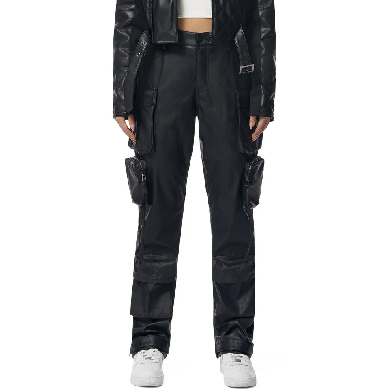 High Rise Straight Leg Utility Vegan Leather Cargo Pants - Black Stylish Casual Pants
