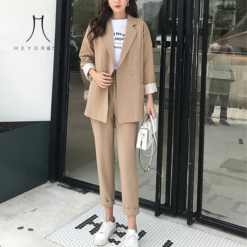 Heydress Casual Solid Women Pant Suits Notched Collar Blazer Jacket & Pencil Pant Khaki Female Suit Autumn Wool Jacket Cashmere Jacket Tweed Jacket