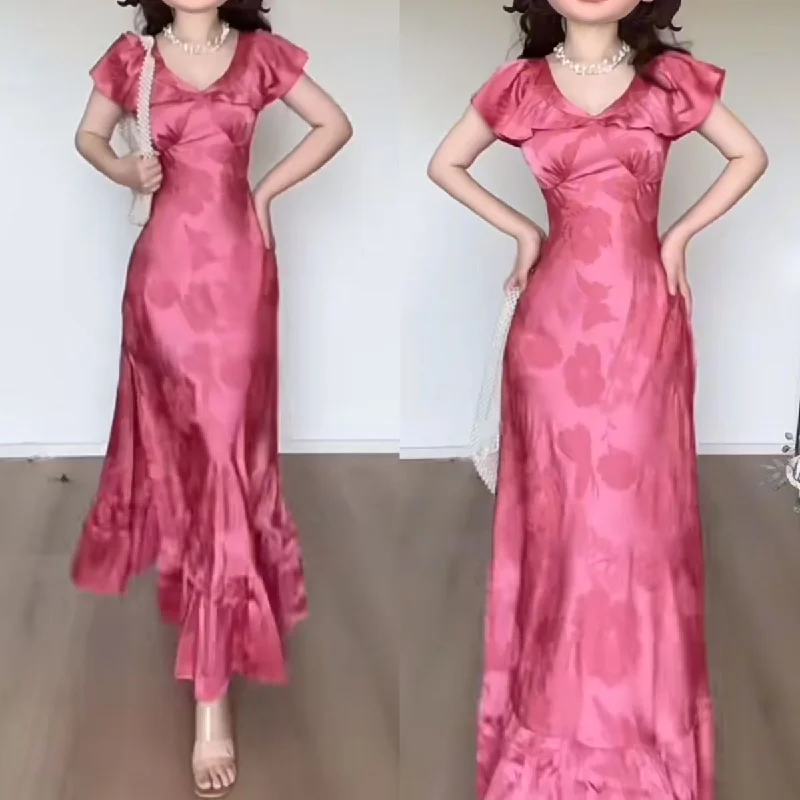 Hot Pink V Neck A-Line Ruffle Satin Party Dress Wedding Guest Dress, DP4452 Tunics Summer linen Hot Pink V Neck A-Line Ruffle Satin Party Dress Wedding Guest Dress, DP4452 Tunics Summer linen