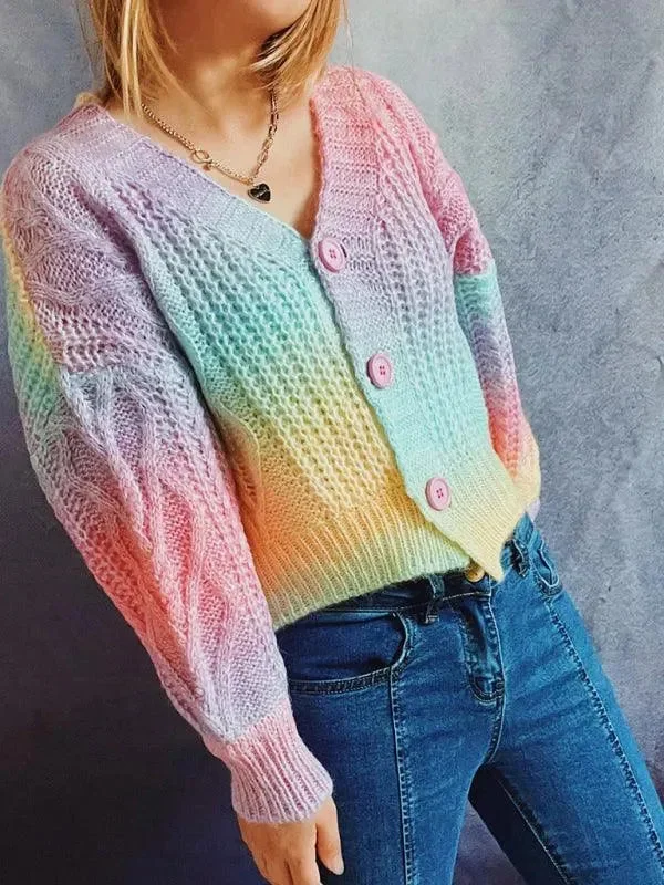 Ombre Drop-Sleeve Women Cardigan Sweater Striped Floral Plaid