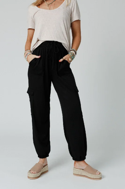 The Nest Easy Mornings Cinched Pants - Black Fashionable Button-Up Pants