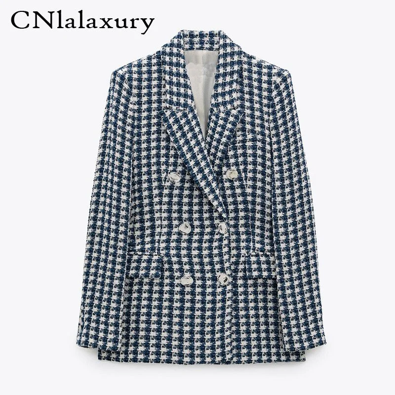 Women Houndstooth Loose Tweed Blazers 2022 Spring-Autumn Ladies Elegant Patchwork Plaid Jackets Casual Female Chic Tops Denim Jacket Leather Jacket Suede Jacket