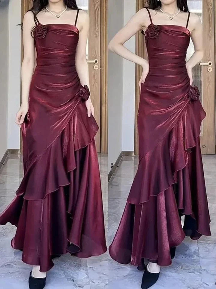Spaghetti Straps A-Line Chiffon Burgundy Long Party Dress, DP4204 Tunics Evening elegant
