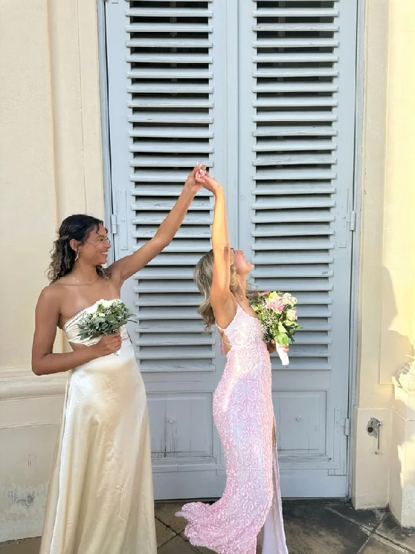Pink Straps Sheath Sequins Long Party Dress Graduation Dress with Split, DP4592 Tunics Solid Classic