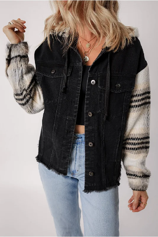 Plaid Sleeve Frayed Hem Hooded Denim Jacket Striped Jacket Polka Dot Jacket Floral Jacket